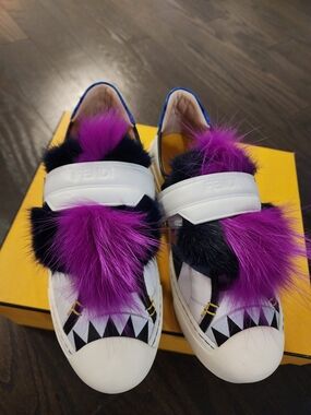 Fendi White Leather Sneakers with Purple & Black Fur